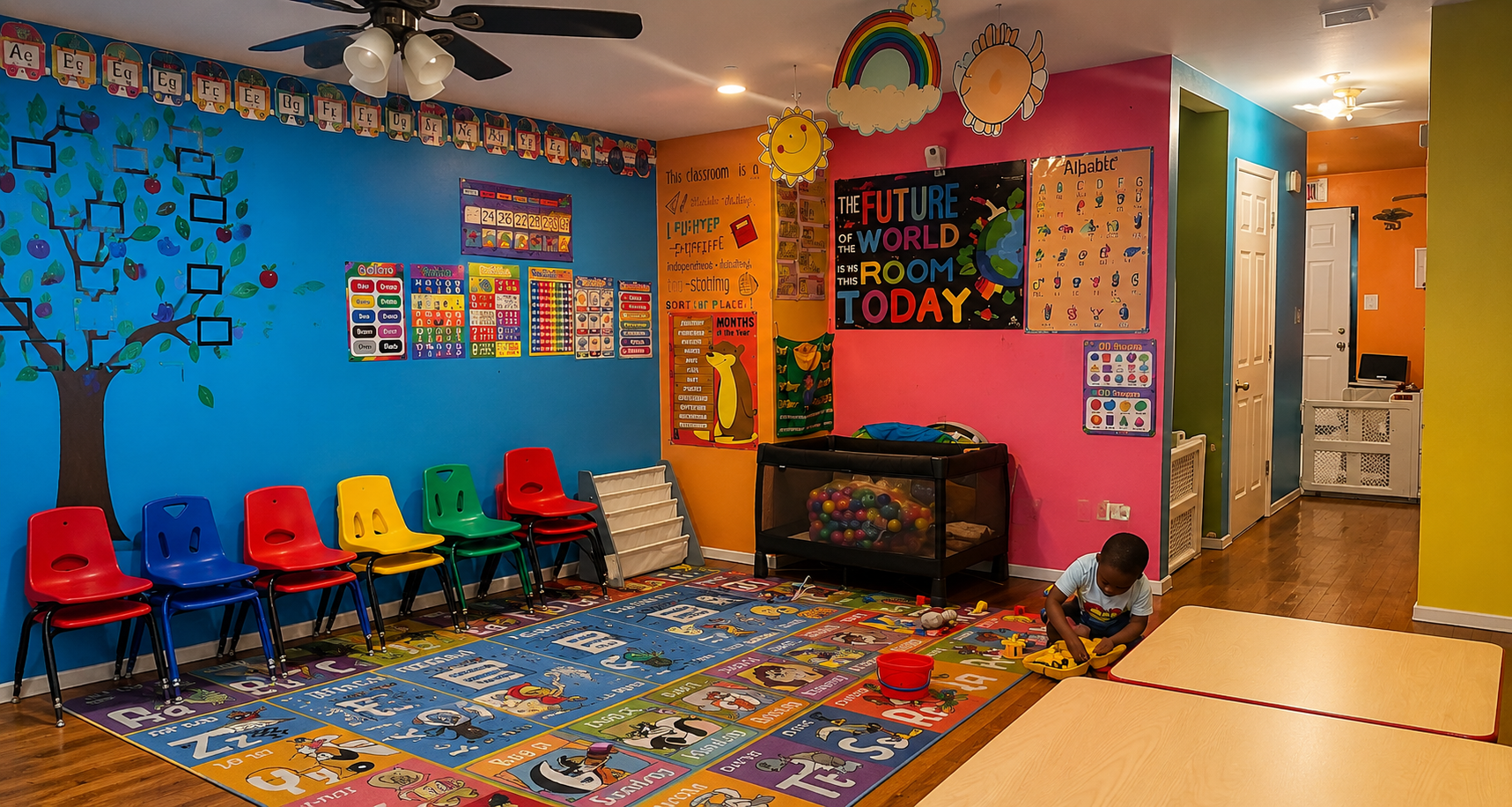 Colorful illustration representing children learning and playing at a daycare